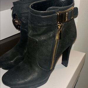 Vince Camuto Black Heeled Boots with Gold Accents